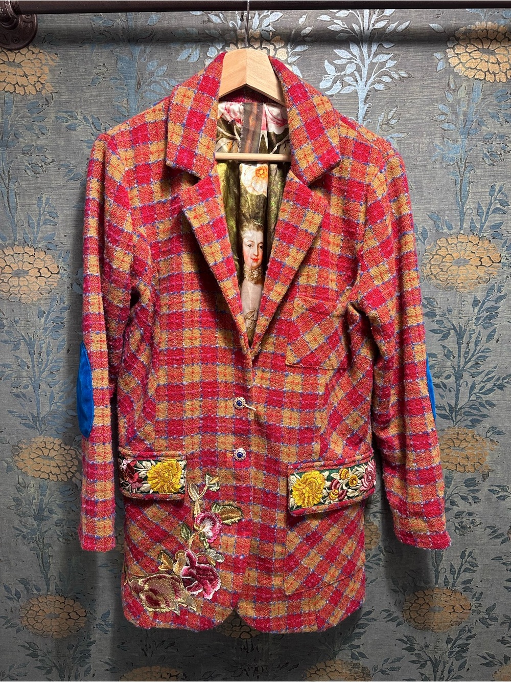 Aratta Pink and Orange Plaid Embroidered Wool-Blend Blazer